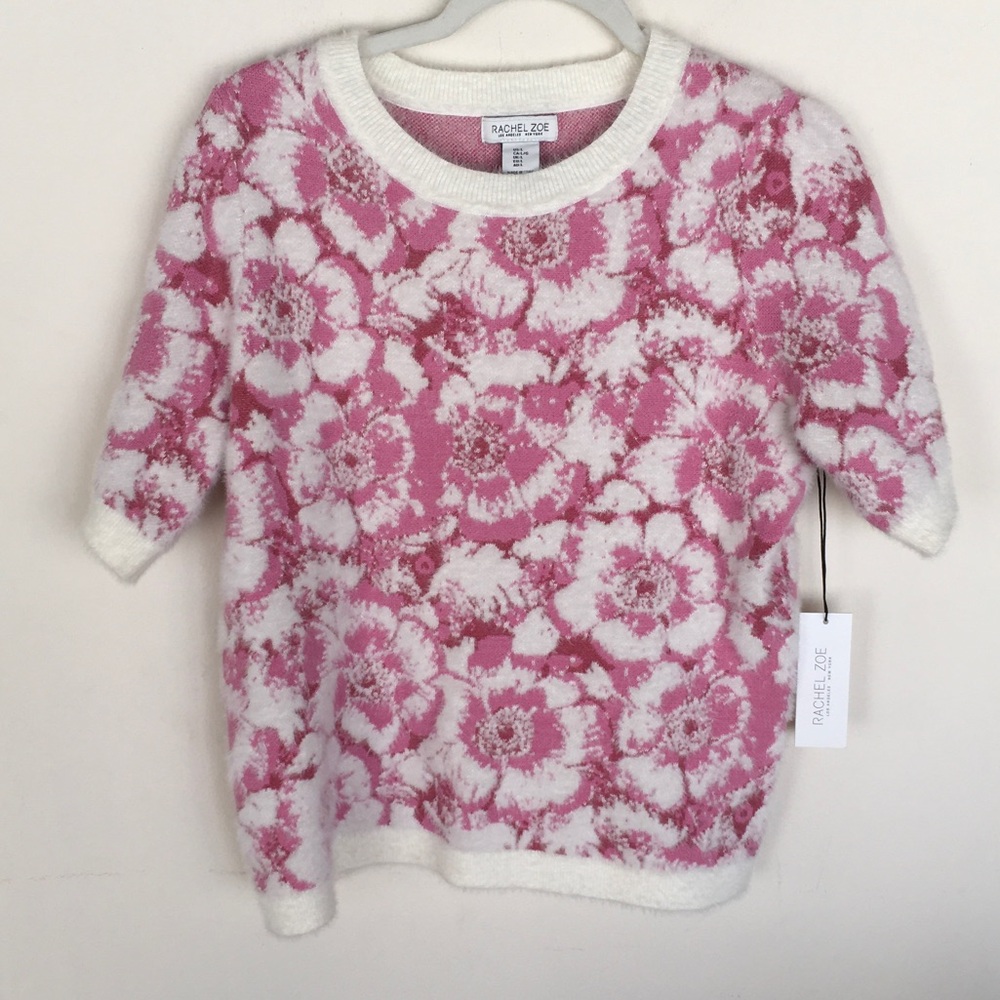 Rachel Zoe Pink and White Floral Short-Sleeve Crewneck Sweater